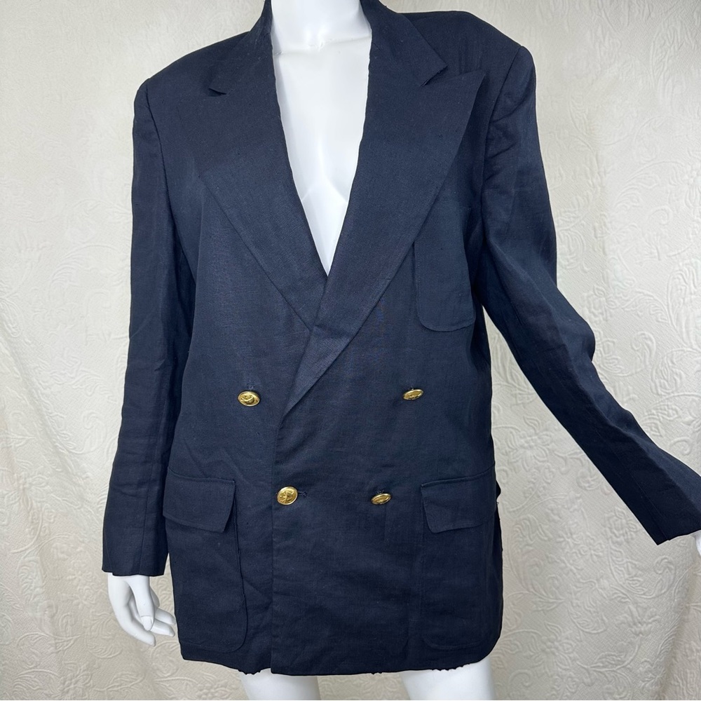 Ralph Lauren VTG Made in USA Linen Double Breasted Navy Blazer Waterbury Buttons